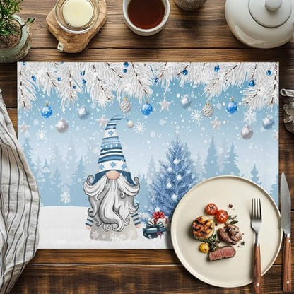 Christmas Gnome Placemat 1PC, Winter Merry Christmas Tree Balls Heat Resistant Washable Table Place Mats Blue Cotton Table Linens Party Holiday Decor for Kitchen Dining Outdoor Indoor