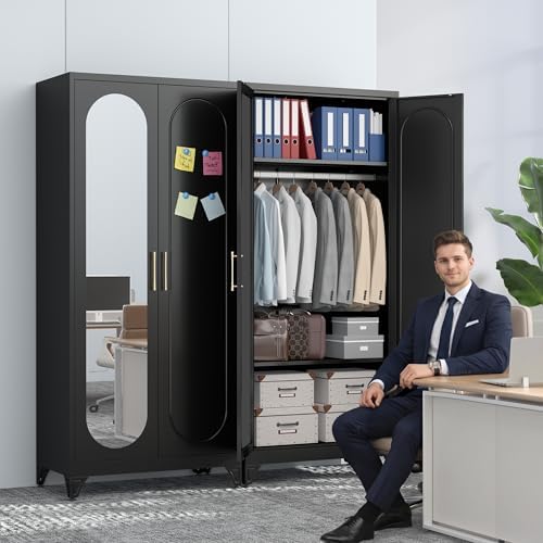 Polup Metal Armoire Wardrobe Closet with Mirror, Clothing Storage Cabinet
