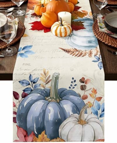 Fall Pumpkin Table Runner Dresser Scarf 13 x 60 Inch Blue Orange Maple Leaf Rustic Table Runners Non-Slip Heat Resistant Kitchen Dining Table Decor for Autumn Thanksgiving Holidays Indoor Outdoor