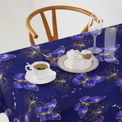 Dark Purple Butterfly Tablecloth, Luxury Golden Blue Purple Butterfly Print Table Cloth for Outdoor Patio Party Picnic Wedding Indoor Kitchen Dinner Table Decor 60x120in