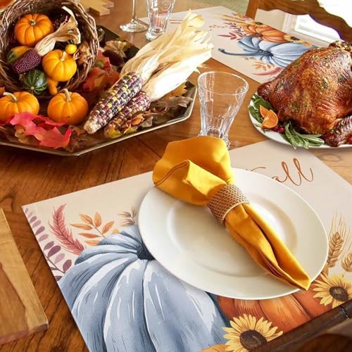 Fall Placemats Set of 4, Hello Fall Pumpkin Place Mats Maple Leaves Sunflower Bird Tablemats Harvest Thanksgiving Placemat Table Decoration for Kitchen Table Holiday Dinner Party Autumn Home Decor