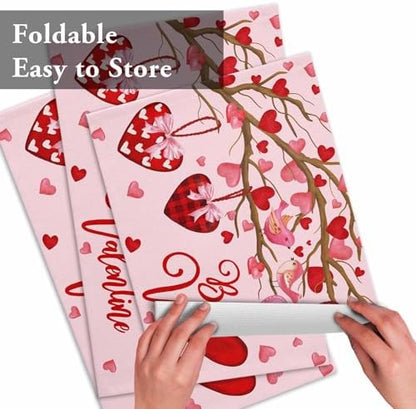 Pink Valentine's Day Placemats Set of 6, Red Love Heart Tree Heat Resistant Washable Table Mats Be My Valentine Cotton Table Linens Party Holiday Decor for Home Kitchen Dining Table Outdoor Indoor