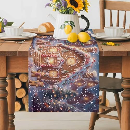 Christmas Table Runner Dresser Scarf 13 x 108 Inch Gingerbread Man House Candy Winter Night Snow Scene Table Runners Non-Slip Heat Resistant Kitchen Dining Table Decor for Home Holidays Indoor Outdoor