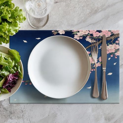 Batmerry Retro Japanese Cherry Blossom Linen Placemats Set of 8, Deep Indigo Flowers Washable Table Mats for Kitchen Table Thickened Heat Insulation Dining Set Indoor Outdoor 12X18 in