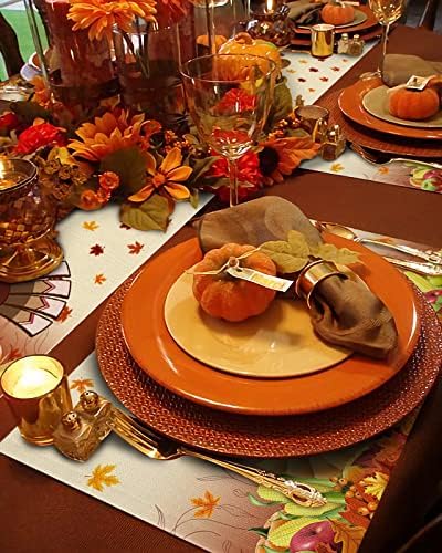 Vandarllin Thanksgiving Turkey Placemats Set of 4, Fall Leaf Autumn Harvest Pumpkin Cotton Linen Stain Resistant Table Mats Washable Placemat Decoration for Kitchen Dining Table,Yellow