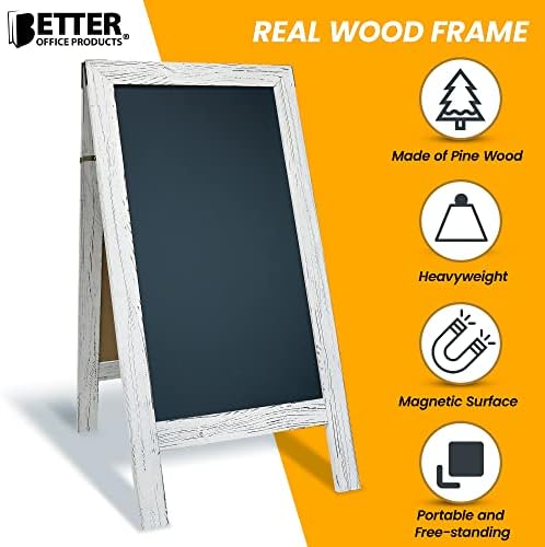 Better Office Products Magnetic A-Frame Chalkboard Sign, Extra Large 20" x 40", Standing Chalkboard Easel, with Chalk Marker + Chalk & Eraser, Sandwich Board Outdoor Sidewalk Sign,(Whitewash)