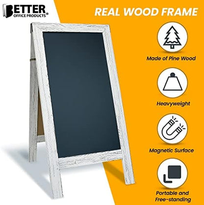 Better Office Products Magnetic A-Frame Chalkboard Sign, Extra Large 20" x 40", Standing Chalkboard Easel, with Chalk Marker + Chalk & Eraser, Sandwich Board Outdoor Sidewalk Sign,(Whitewash)