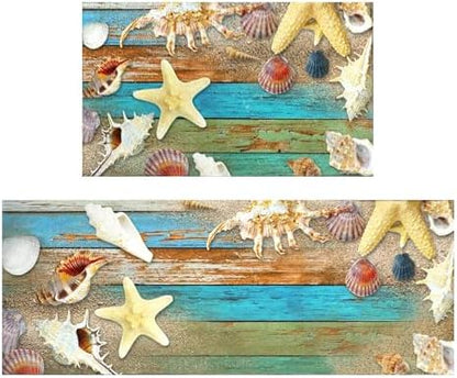 Beach and Nautical Kitchen Rugs for Floor 2 Piece Set, Wood Grain Ocean Coastal Beach Kitchen Rug, Nautical Kitchen Mat in Front of Sink for Standing for Kitchen Decor 17"X30"+17"X47"