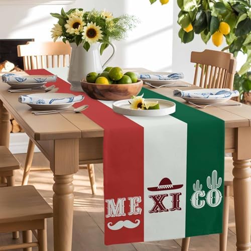 Mexico Flag Table Runner Dresser Scarf 13 x 108 Inch Green Red Color Cactus Hat Striped Modern Table Runners Non-Slip Heat Resistant Kitchen Dining Table Decor for Home Holidays Indoor Outdoor