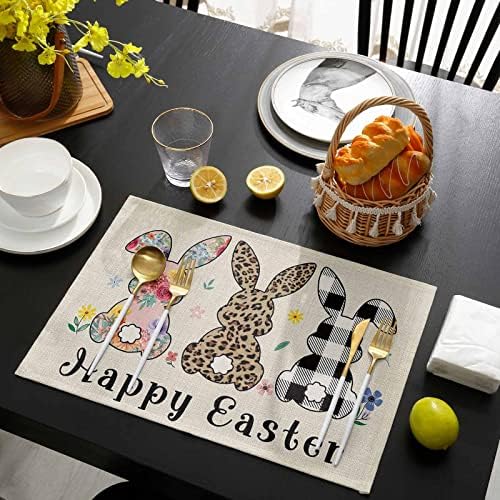 Artwork Store Happy Easter Placemats Set of 6,Cotton Linen Heat Resistant Table Mats Washable Cute Easter Bunny Florals Flowers Rabbit Placemat for Holiday Banquet Party Dining Kitchen Table Decor