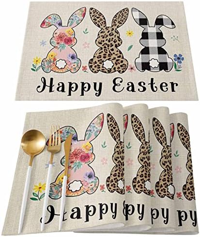 Artwork Store Happy Easter Placemats Set of 6,Cotton Linen Heat Resistant Table Mats Washable Cute Easter Bunny Florals Flowers Rabbit Placemat for Holiday Banquet Party Dining Kitchen Table Decor