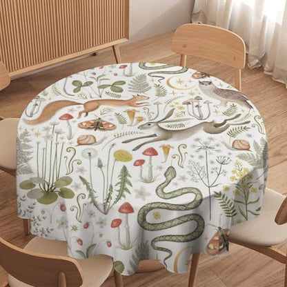 Country Forest Tablecloth, Wild Animal Hare Squirrel Owl Snake Snail Flowers Mushroom Table Cover for Tea Party Weddings Indoor Outdoor Dining, 50x50in