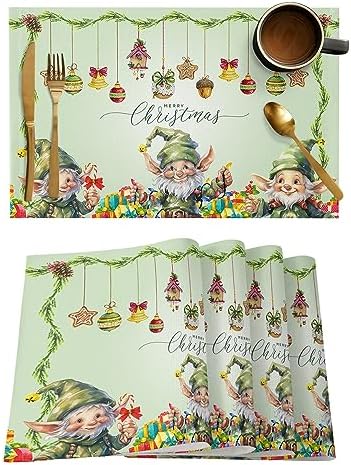 Merry Christmas Placemats Set of 6, Green Christmas Gnome Elf Heat Resistant Washable Table Place Mats Xmas Balls Cotton Table Linens Party Holiday Decor for Kitchen Dining Outdoor Indoor