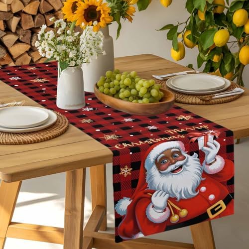 Black Santa Claus Table Runner Dresser Scarf 13 x 108 Inch Merry Christmas Snowflake Red Black Plaid Table Runners Non-Slip Heat Resistant Kitchen Dining Table Decor for Home Holidays Indoor Outdoor