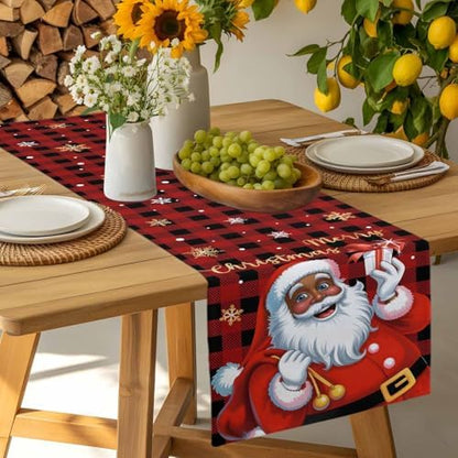 Black Santa Claus Table Runner Dresser Scarf 13 x 108 Inch Merry Christmas Snowflake Red Black Plaid Table Runners Non-Slip Heat Resistant Kitchen Dining Table Decor for Home Holidays Indoor Outdoor