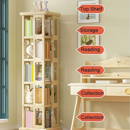 GAMAK Rotating Bookshelf 360 Display 4 Tier Floor Standing Bookcase Small Book Shelf Stand on Wheels Kids Bookshelf and Storage Rack for Small Space (Size : Pine, Color : Four)