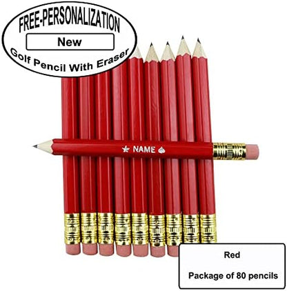 EZPENCILS & GIFTS - Golf Pencils Tipped with Eraser (1/2 a Pencil - Pew Pencils) - Red Colored Barrel - FREE-PERSONALIZATION - 2HB Black Lead - Custom Text - Non-Smear Eraser – Package of 80