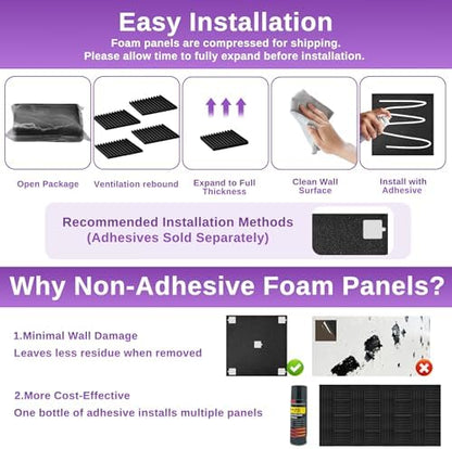 52 Pack Acoustic Foam Panels,1" x 12" x 12"Acoustic Wedge Studio Foam Sound Absorption Wall Panels (Black/Purple)