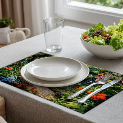 Batmerry Beautiful Garden Lush Plants Linen Placemats Set of 6, Serene Garden Scene Washable Table Mats for Kitchen Table Thickened Heat Insulation Dining Set Indoor Outdoor 12X18 in