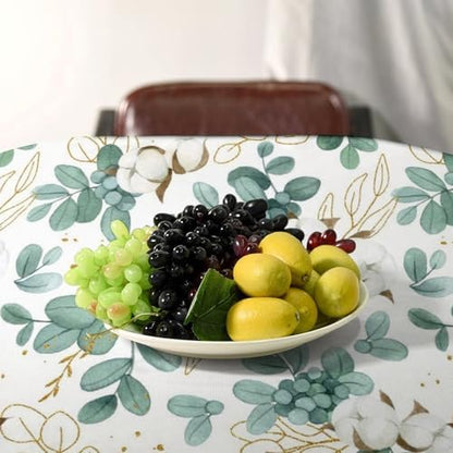 Cotton Flowers Tablecloth, Watercolor Summer Green Golden Eucalyptus Leaves Floral Print Table Cloth for Outdoor Picnic Home Dining Kitchen Table Decor 55x75in