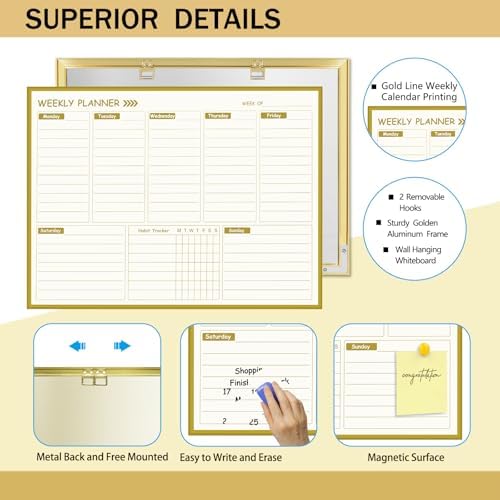 Large Weekly Dry Erase Board for Wall,20"x28",Gold Aluminum Frame Magnetic Weekly Planner Whiteboard for to Do List, Memo, School, Home, Office, Kitchen