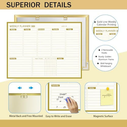 Large Weekly Dry Erase Board for Wall,20"x28",Gold Aluminum Frame Magnetic Weekly Planner Whiteboard for to Do List, Memo, School, Home, Office, Kitchen