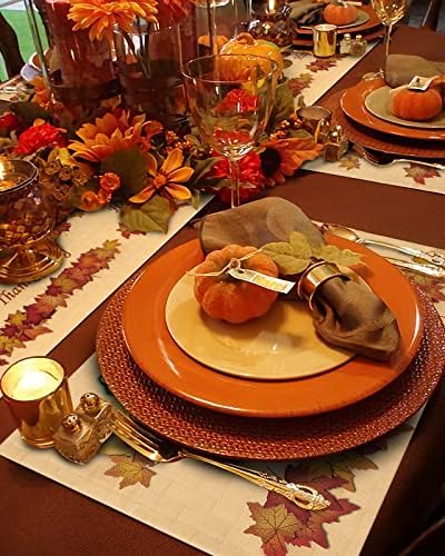 Vandarllin Thanksgiving Holiday Placemats Set of 4, Fall Harvest Pumpkins Cotton Linen Stain Resistant Table Mats Washable Placemat Decoration for Kitchen Dining Table,Autumn