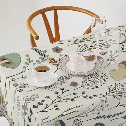 Mushroom Tablecloth, Boho Floral Rustic Wildflower Herbs Plants Colorful Botanical Green Leaves Print Table Cloth for Kitchen Dining Picnic Party Restaurant Decoration 60x110in
