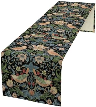 William Morris Floral Table Runner, Strawberry Thief Birds in Green and Blue Table Runner for Home Kitchen Dining Table Decoration,13x60 Inch