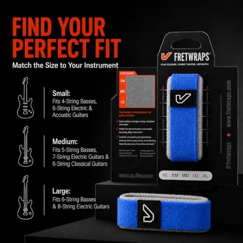 Gruv Gear Fret Wrap & Guitar Mute, Fretwrap for Acoustic, Electric & Bass | String Dampener Recording, Tapping & Practice Accessory (1 Pack, Large Blue, Fits 6 String Bass, 8 String Guitar)