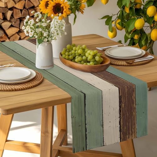 Green Brown Wood Grain Table Runner Dresser Scarf 13 x 36 Inch Vintage Mottled Board Striped Farm Table Runners Non-Slip Heat Resistant Kitchen Dining Table Decor for Home Holidays Indoor Outdoor