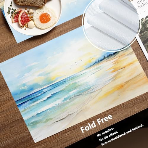 Batmerry Beach Scene Linen Placemats Set of 6, Serene Ocean View Washable Table Mats for Kitchen Table Thickened Heat Insulation Dining Set Indoor Outdoor 12X18 in