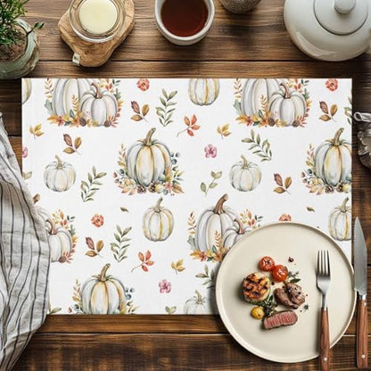 Fall Floral Leaves Placemats Set of 6, Thanksgiving Pumpkins Heat Resistant Washable Table Place Mats Boho Cotton Table Linens Party Holiday Decorations for Home Kitchen Dining Table Outdoor Indoor,