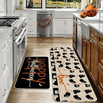 Baccessor Happy Halloween Kitchen Mats Set of 2, Spooky Ghost Kitchen Rugs for Floor Low-Profile Farmhouse Halloween Party Home Kitchen Decor 17x29 and 17x47 Inch