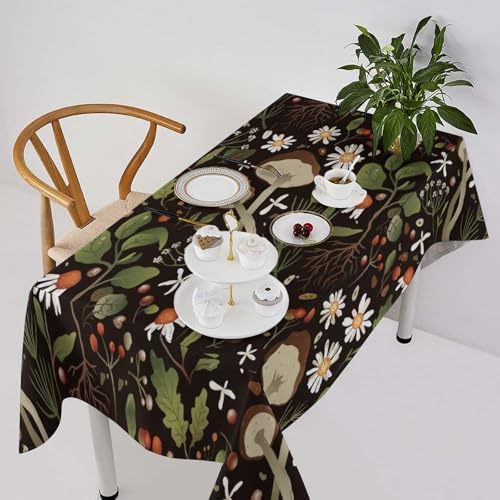 Wild Mushrooms Tablecloth, Rustic Chamomile Flowers Herbs Plants Retro Botanical Mushroom Natural Print Table Cover for Kitchen Dining Room Picnic Camping Indoor Outdoor 60x120in