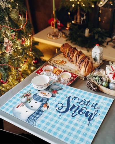 Snowman Christmas Placemats Set of 4, Let It Snow Winter Holiday Heat Resistant Washable Table Place Mats Blue White Buffalo Plaid Table Linens Party Holiday Decor for Kitchen Dining Outdoor Indoor