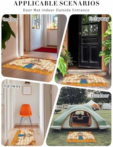 Fall Door Mat Scarecrows Crow Pumpkin Doormat Maple Leaf Orange Buffalo Plaid Harvest Thanksgiving Welcome Mat Non Slip Entryway Front Rug Floor Mat for Indoor Outdoor Kitchen Autumn Holiday 20x32