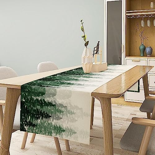 Green Forest Pine Trees Table Runner, Woodland Tabletop Scarf Home Kitchen Holiday Decor, Seasonal Farmhouse Rustic Dining Decorations Party Supply 13 X 70 Inch