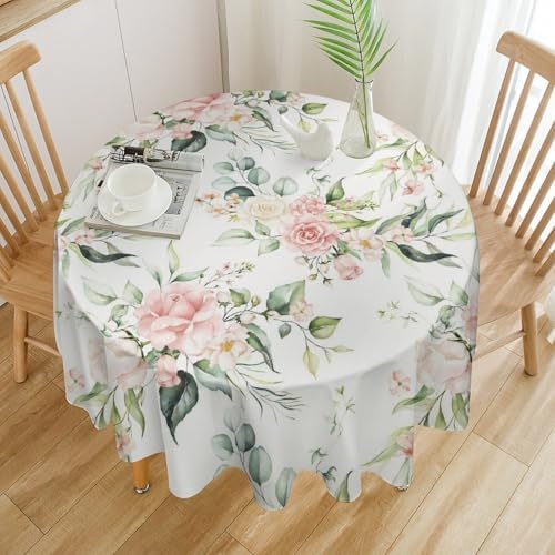 Pink Flowers Tablecloth, Watercolor Sage Green Eucalyptus Leaves Branches Floral Print Table Cloth for Picnic Party Dining Room Home Decor, 50x50in
