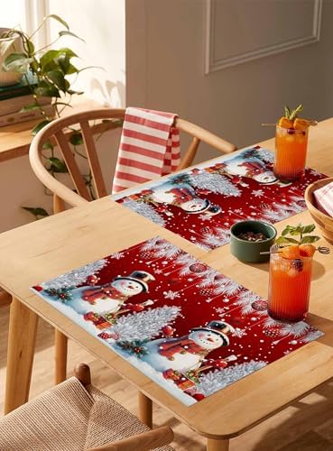 Christmas Red Placemats Set of 6, Cotton Linen Snowflake Cute Snowman Table Mats Non-Slip Washable Xmas Tree Red Christmas Balls Ornaments Placemat for Xmas Dining Kitchen Table Decor