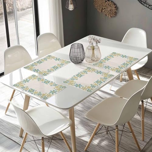 Gold Blue Snowflakes Christmas Placemats Set of 4, Winter Xmas Holiday Heat Resistant Washable Table Place Mats Beige Cotton Table Linens Party Holiday Decor for Kitchen Dining Outdoor Indoor