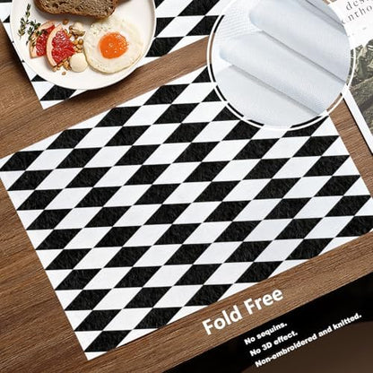 Batmerry Black White Diamond Linen Placemats Set of 8, Abstract Black and White Harlequin Washable Table Mats for Kitchen Table Thickened Heat Insulation Dining Set Indoor Outdoor 12X18 in