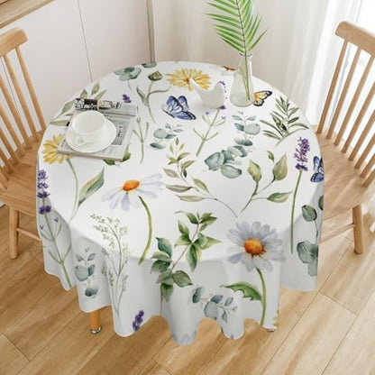 Watercolor Wildflowers Tablecloth, Summer Daisy Lavender Eucalyptus Branches Leaves Print Table Cover for Tea Party Weddings Indoor Outdoor Dining, 70x70in