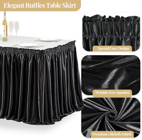 Wish Care 6ft Black Satin Table Skirt for Rectangle Tables Wrinkle Free Teacher Desk Skirt Glitter Ruffle Table Skirting Cloth for Back to School Classroom Office Dorm Birthday Party Table Decor
