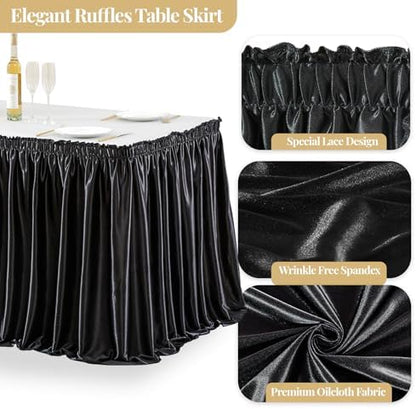 Wish Care 6ft Black Satin Table Skirt for Rectangle Tables Wrinkle Free Teacher Desk Skirt Glitter Ruffle Table Skirting Cloth for Back to School Classroom Office Dorm Birthday Party Table Decor