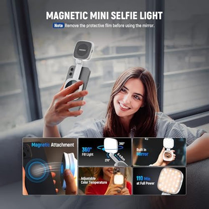 NEEWER BASICS Magnetic Selfie Light Compatible with MagSafe iPhone, CRI95 700lx/0.3m Folding LED Phone Fill Ring Lighting with Mirror for Zoom Makeup Photography Recording Video Conference,White NL48B