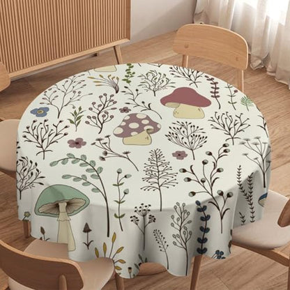 Mushroom Tablecloth, Boho Floral Rustic Wildflower Herbs Plants Colorful Botanical Green Leaves Print Table Cloth for Kitchen Dining Picnic Party Restaurant Decoration, 60x60in