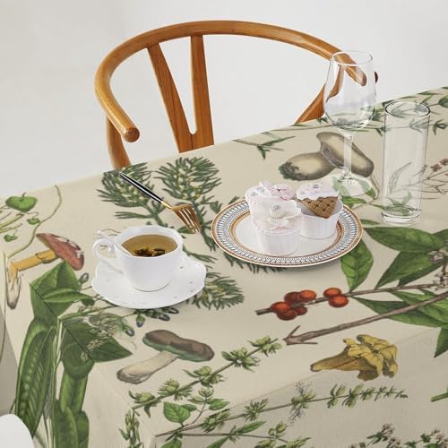 Vintage Botanical Tablecloth, Antique 1900s Mushroom Boho Wildflower Green Herbs Ferns Farmhouse Table Cover for Party Picnic Dinner Decor 60x110in