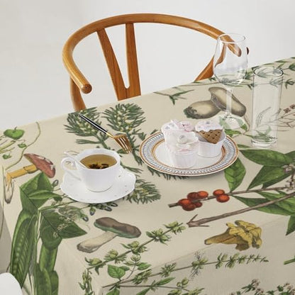 Vintage Botanical Tablecloth, Antique 1900s Mushroom Boho Wildflower Green Herbs Ferns Farmhouse Table Cover for Party Picnic Dinner Decor 60x110in