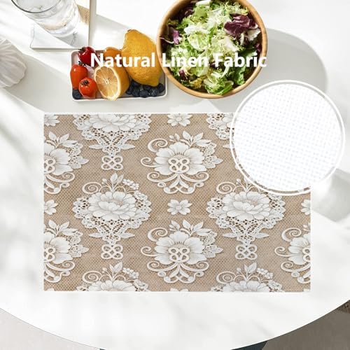 Batmerry Floral Placemats, Template White Lace Background Washable Linen Table Mats for Kitchen Table Double Insulation Decor Dining Set Indoor Outdoor 12X18 in Set of 6